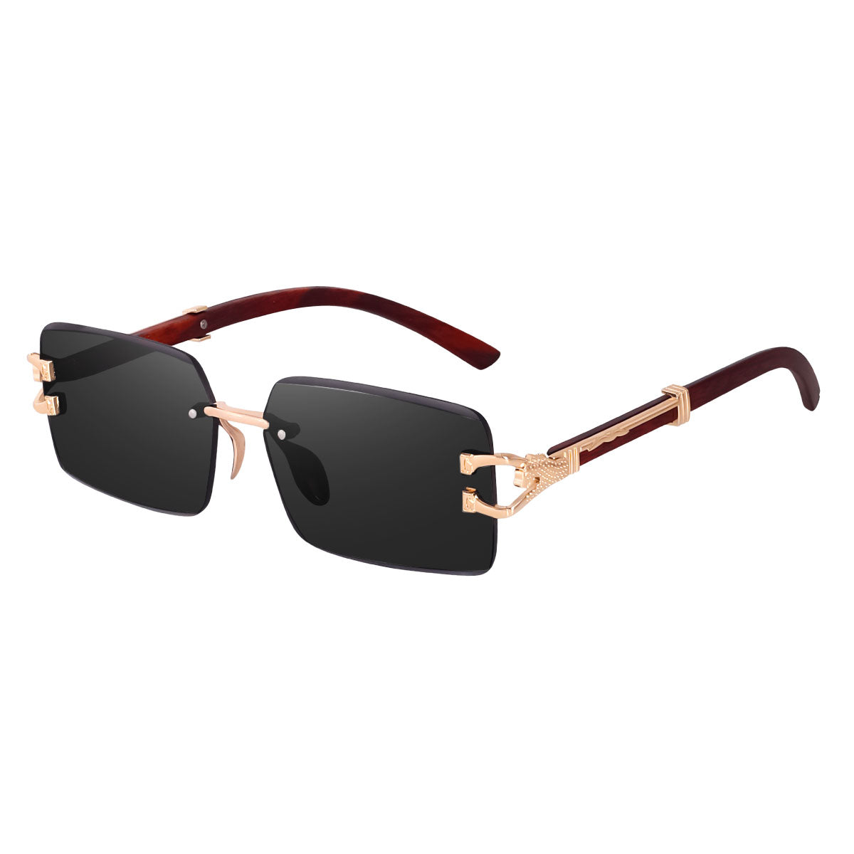 Dervin Rectangular Rimless Sunglasses for Men and Women with Decorated Arms (Black)