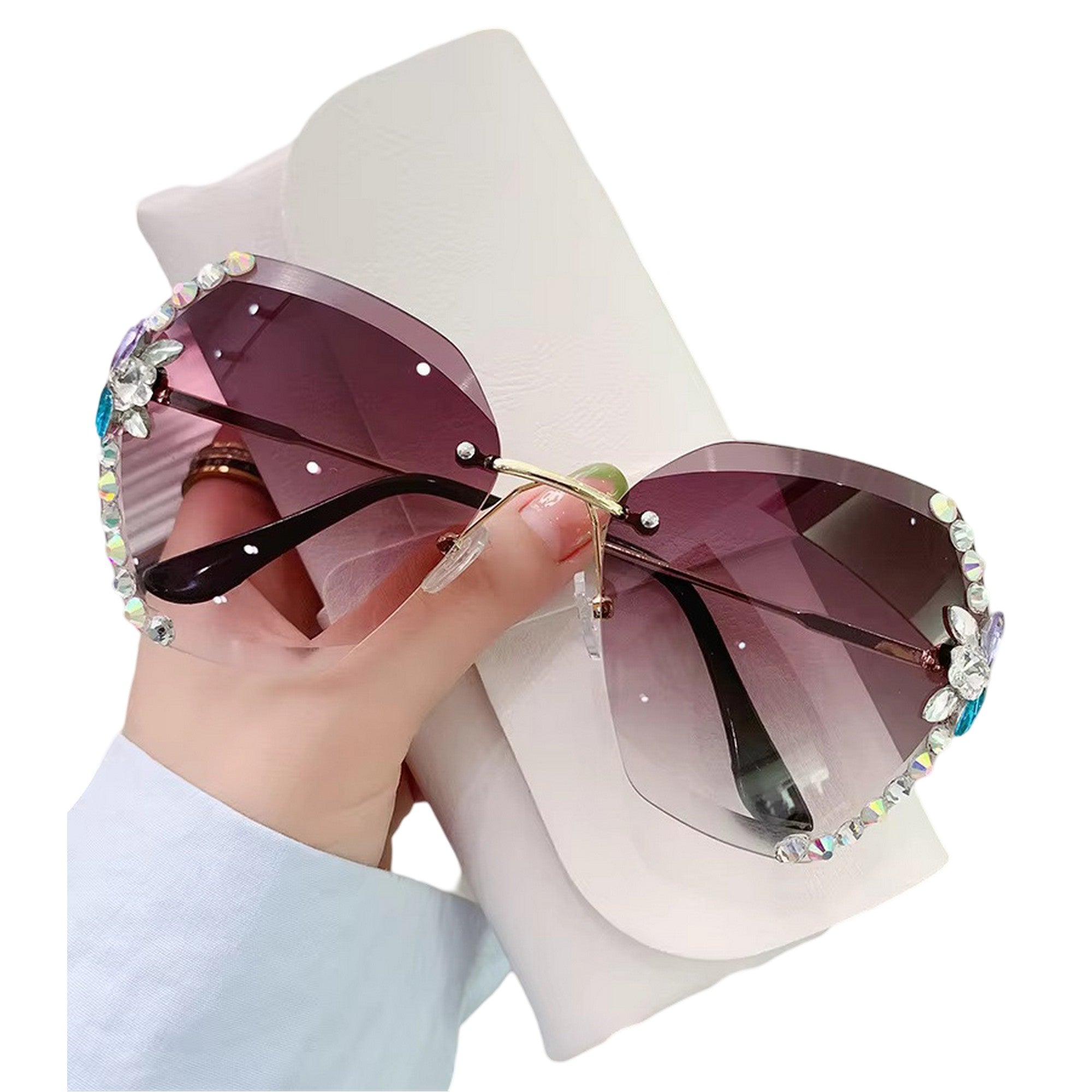 Dervin Sunglasses for Women β UV400 Protection, Rimless Flower Diamond-Cut Lens, Trendy Driving Shades for Women (Oversized)