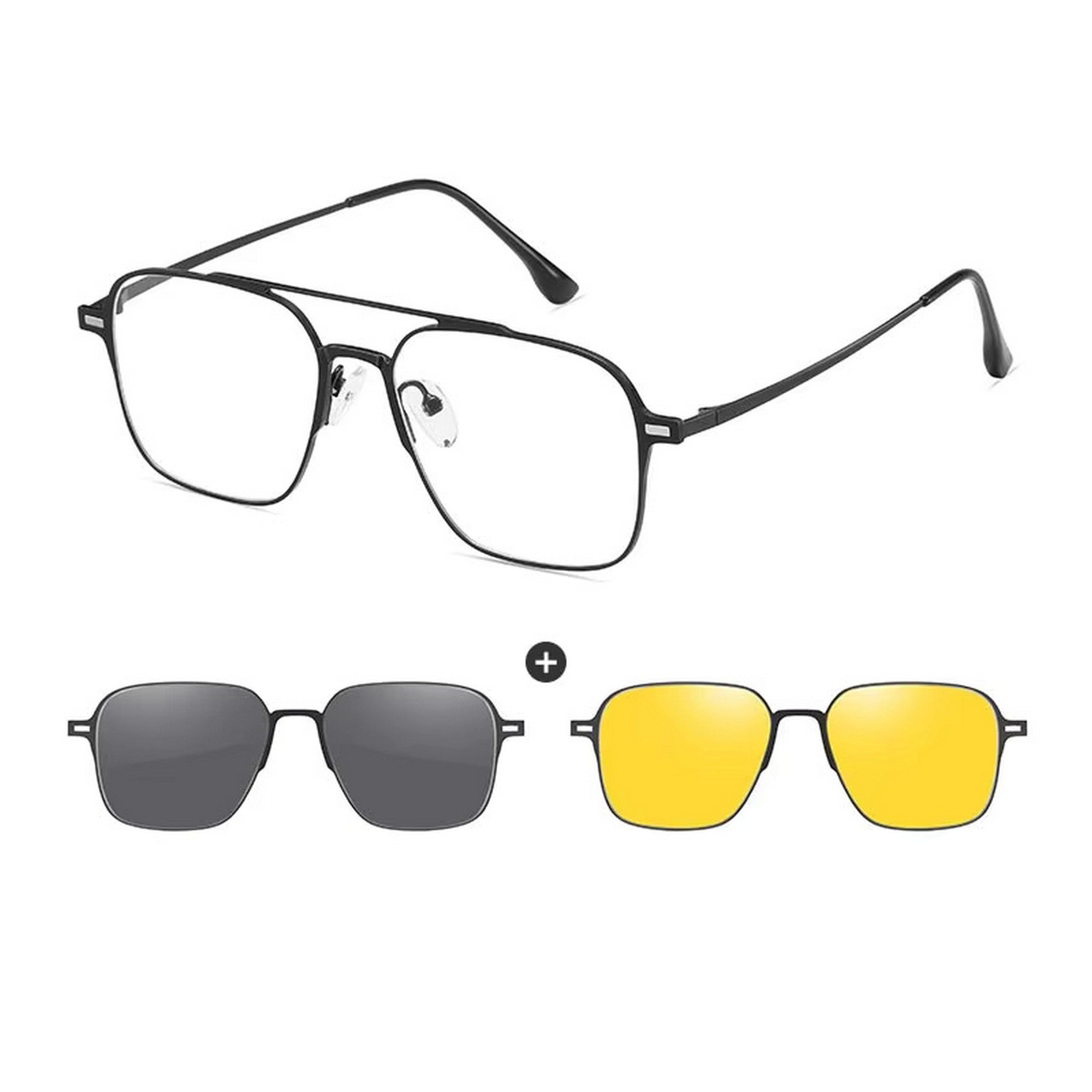 Dervin 3 in 1 Magnetic Clip on Glasses for Men and Women | UV Protected Polarized Sunglasses | Titanium Frame Anti-Glare Bluelight Blocking Computer Glasses | Yellow Glasses for Driving