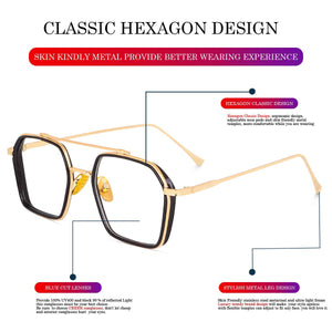 Dervin Blue Light Blocking Glasses Gaming Filter Transparent Hexagon Eyeglasses for Eye Protection Men Women, Computer/Tablet/Laptop/Mobile/TV, Anti-blue & Anti eyestrain - Dervin