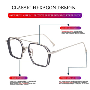 Dervin Blue Light Blocking Glasses Gaming Filter Transparent Hexagon Eyeglasses for Eye Protection Men Women, Computer/Tablet/Laptop/Mobile/TV, Anti-blue & Anti eyestrain - Dervin