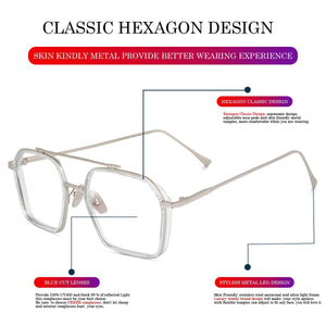 Dervin Blue Light Blocking Glasses Gaming Filter Transparent Hexagon Eyeglasses for Eye Protection Men Women, Computer/Tablet/Laptop/Mobile/TV, Anti-blue & Anti eyestrain - Dervin