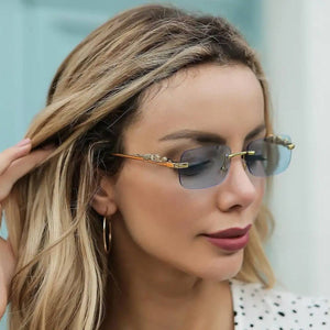 Dervin Leopard Decorated Arms Rimless Rectangle Sunglasses for Men and Women - Dervin