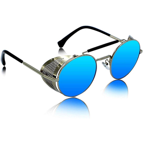 Dervin Retro Side Shield Round Unisex Sunglasses (Blue and Silver) - Dervin