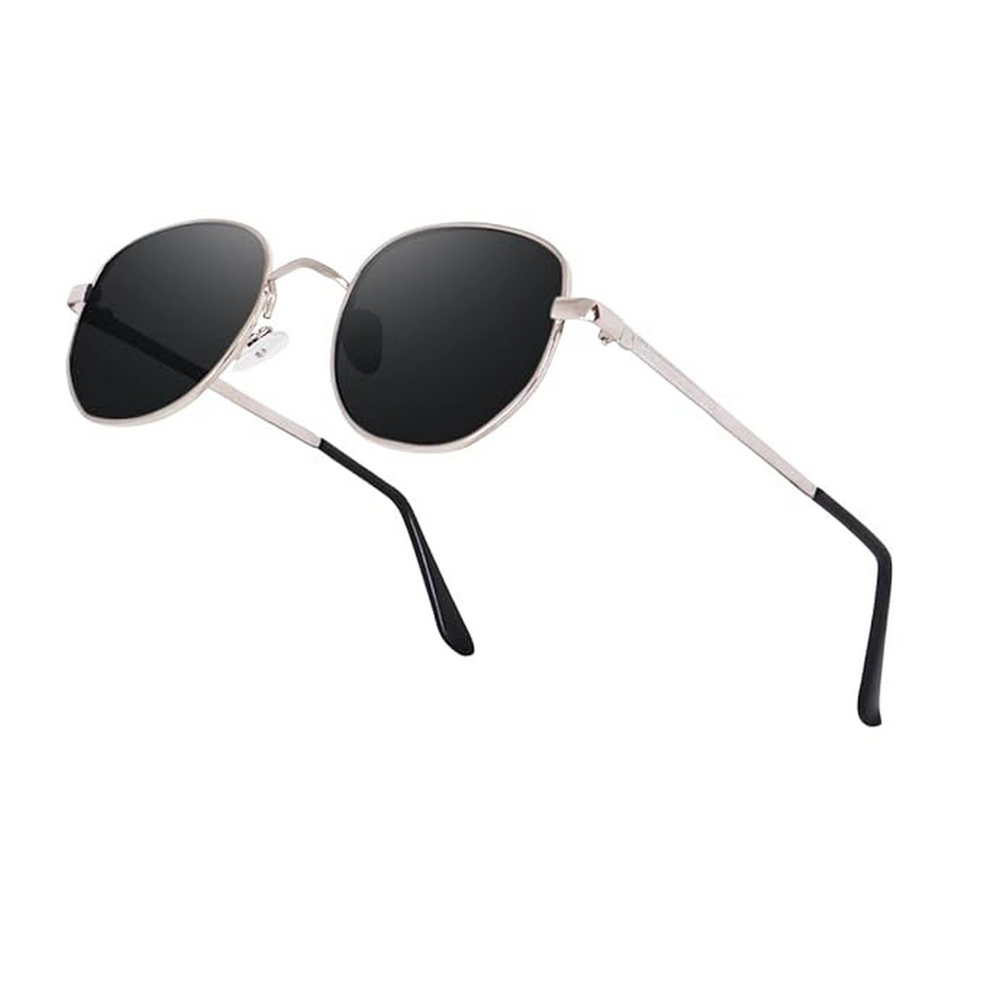 Dervin UV Protected Hexagonal Sunglasses for Men and Women (Silver-Black)
